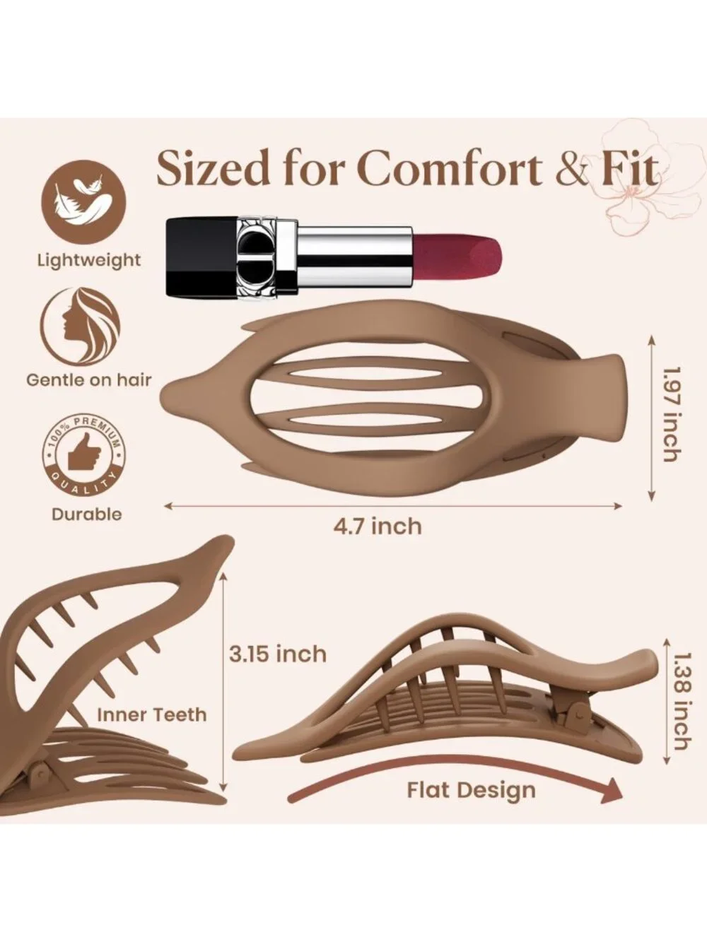 6 PCS Large Flat Hair Clips for Women - Non-Slip Duckbill Claw Clips for All
